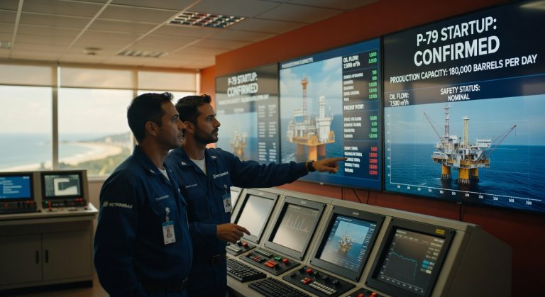Operadores da Petrobras em centro de controle monitorando plataforma P-79 com dados de produção petróleo offshore