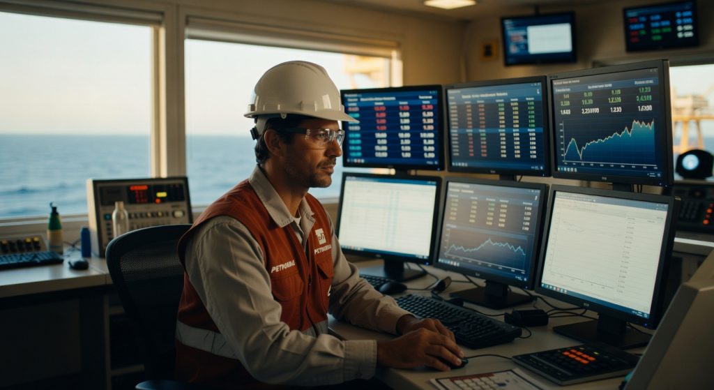 Funcionário da Petrobras com capacete branco monitora gráficos financeiros em múltiplas telas em centro de controle petróleo