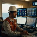 Funcionário da Petrobras com capacete branco monitora gráficos financeiros em múltiplas telas em centro de controle petróleo
