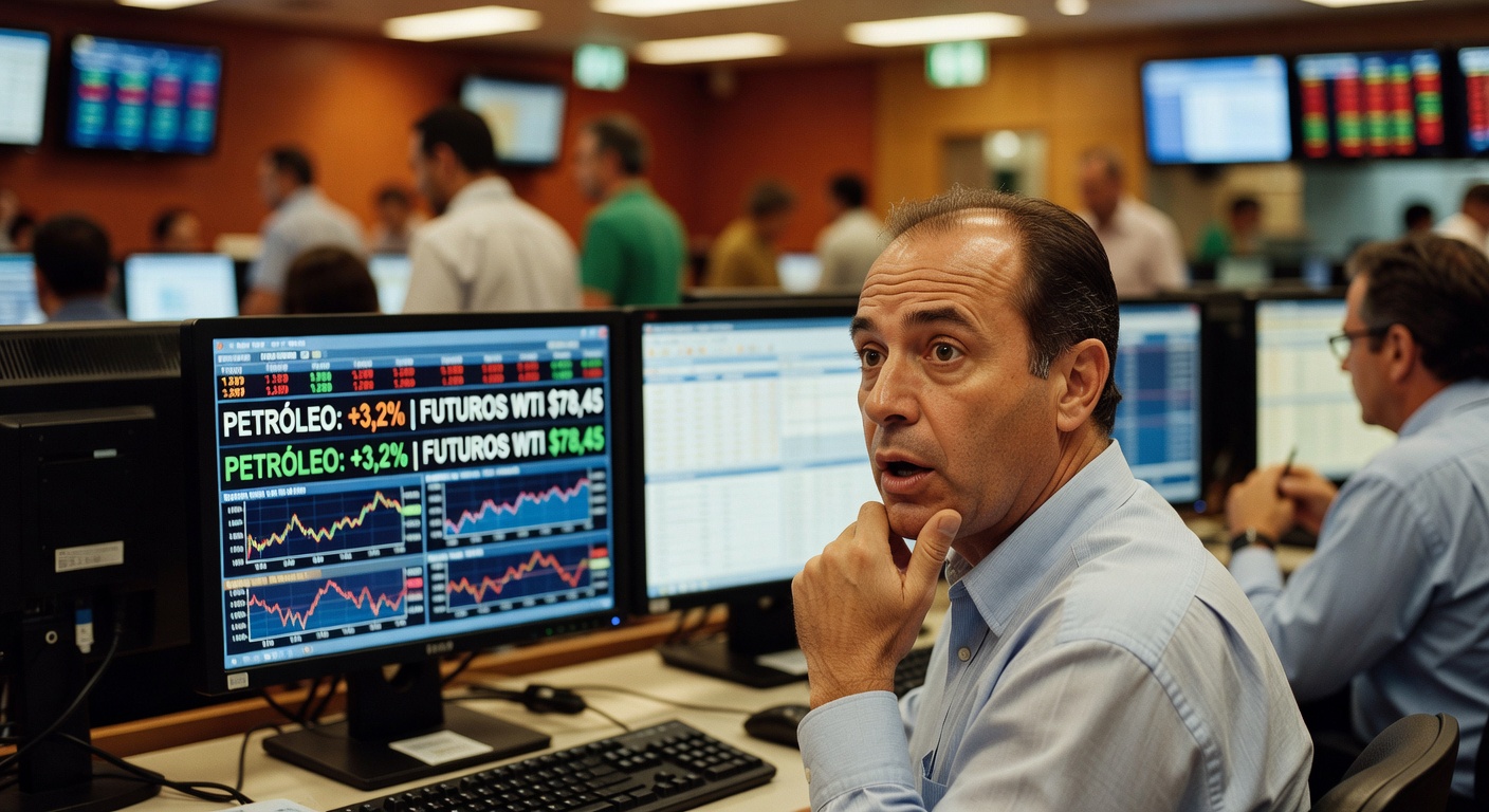 Operador de mercado em mesa de negociações observando gráficos de preços de petróleo em alta de 3,2% em monitor
