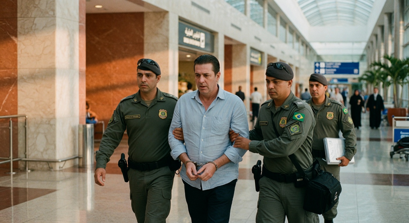 Homem de camisa azul algemado sendo escoltado por quatro policiais federais uniformizados em aeroporto crimes financeiros