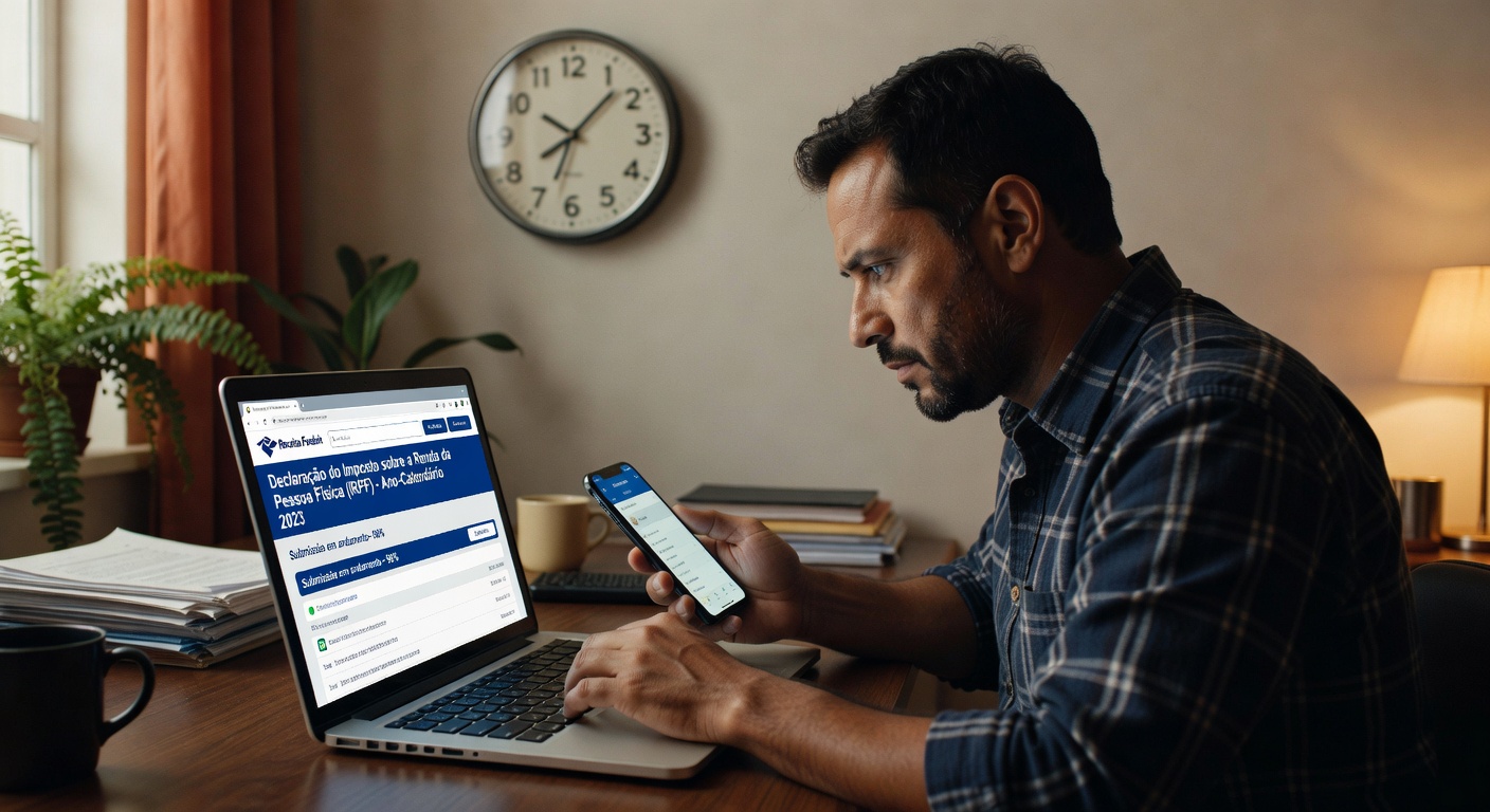 Homem usando laptop e celular para acessar site da Receita Federal sobre declaração de Imposto de Renda restituição