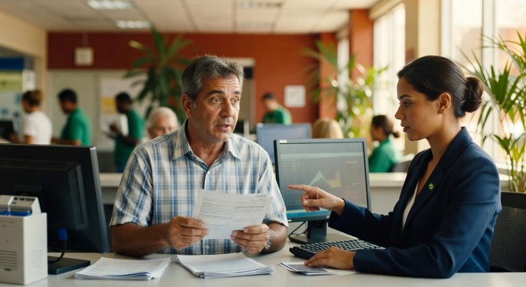 Homem de camisa xadrez conversa com funcionária de banco sobre documentos em agência bancária atendimento financeiro