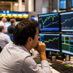 Trader de camisa branca observa múltiplos monitores com gráficos financeiros e cotações em ambiente de trading bolsa valores