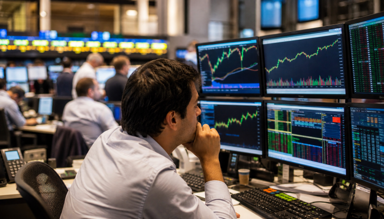 Trader de camisa branca observa múltiplos monitores com gráficos financeiros e cotações em ambiente de trading bolsa valores