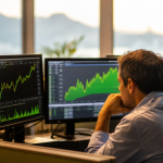 Profissional de investimentos observa monitores com gráficos de alta em verde, análise técnica bolsa valores