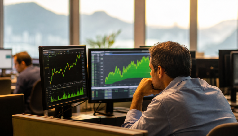 Profissional de investimentos observa monitores com gráficos de alta em verde, análise técnica bolsa valores