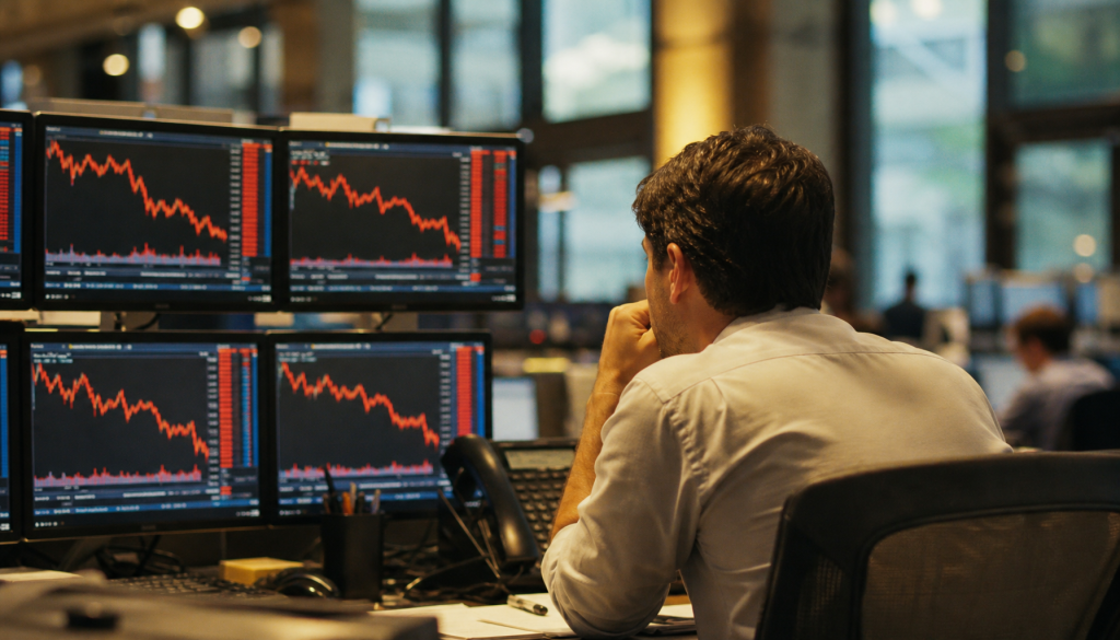 Ibovespa recua 0,84% aos 185.746 pontos enquanto dólar cai 0,60% a R$ 4,9587. Entenda o movimento duplo do mercado nesta segunda-feira.