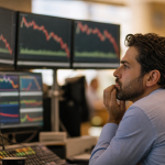 Profissional observa múltiplos monitores exibindo gráficos financeiros em queda, indicadores de mercado em declínio