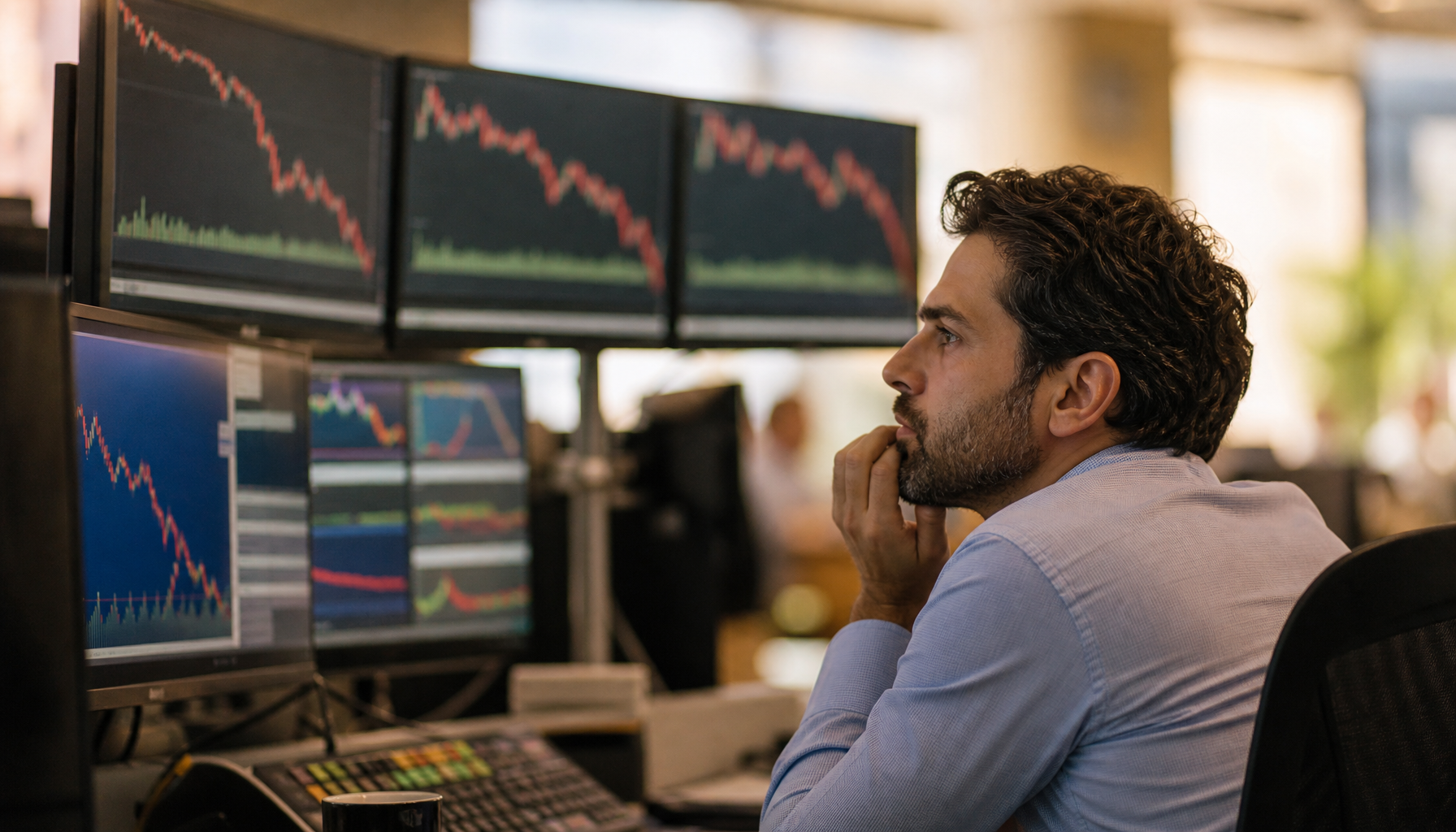 Profissional observa múltiplos monitores exibindo gráficos financeiros em queda, indicadores de mercado em declínio