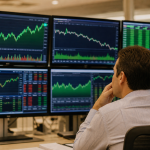 Trader de costas observando seis monitores com gráficos de ações em alta e baixa, dados do mercado financeiro e indicadores econômicos