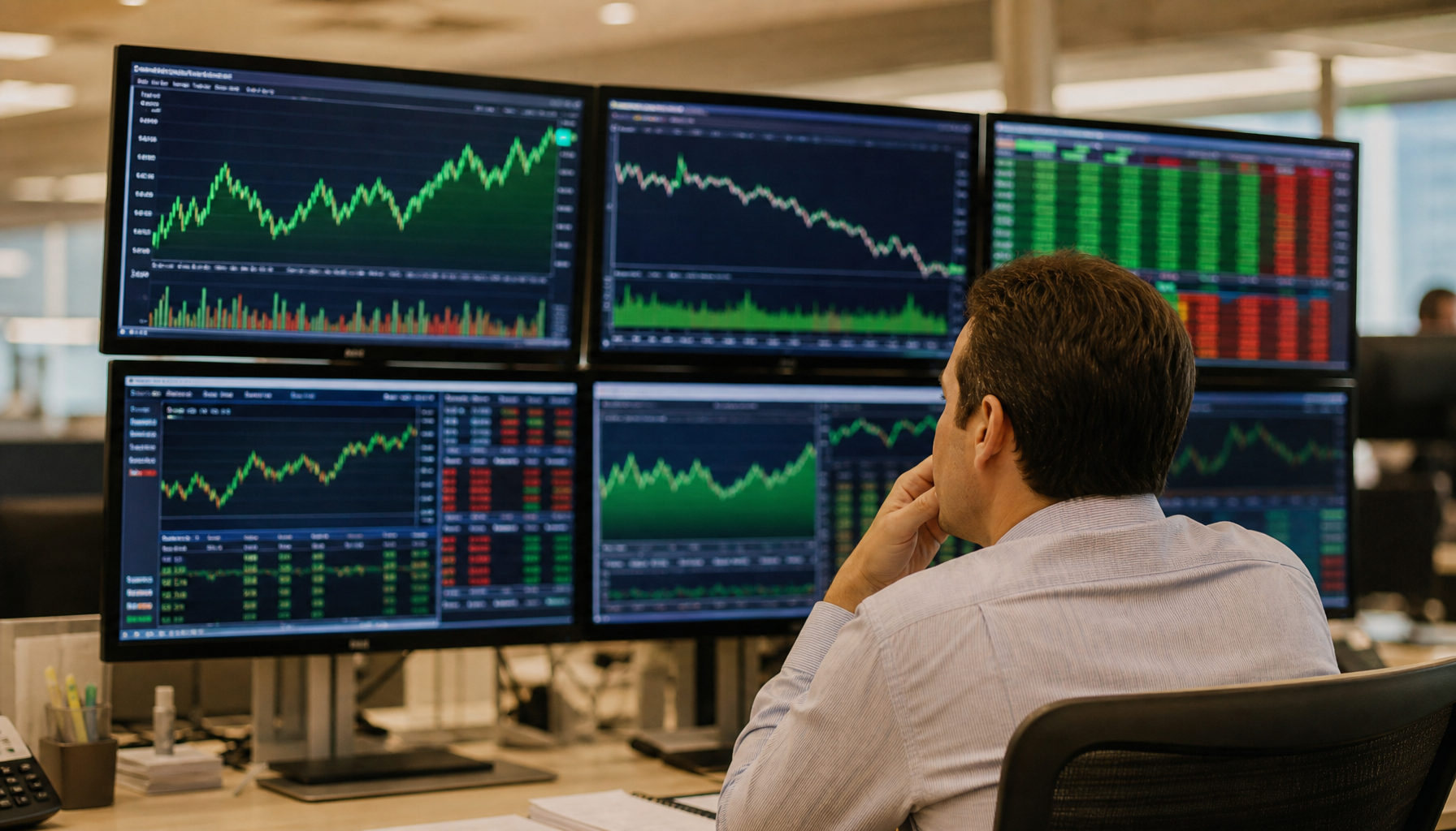 Trader de costas observando seis monitores com gráficos de ações em alta e baixa, dados do mercado financeiro e indicadores econômicos