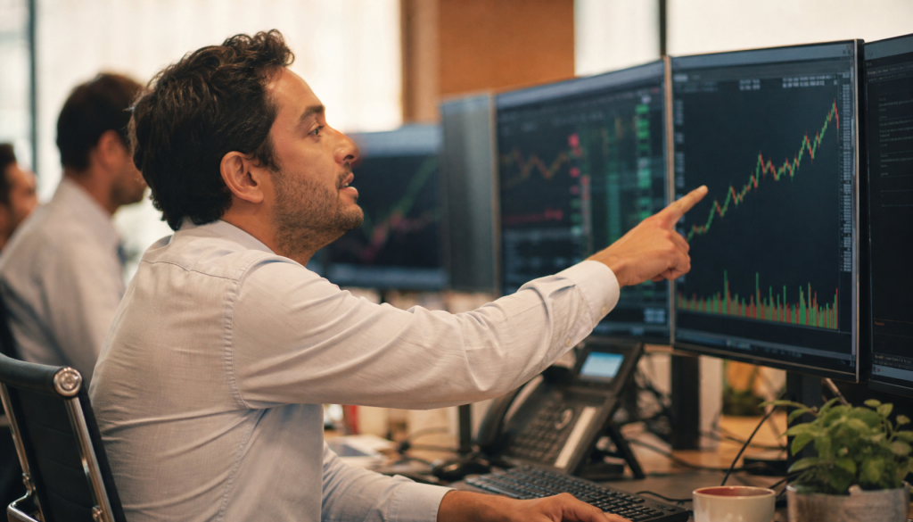 Profissional de mercado financeiro aponta para gráfico de ações em alta em monitor de trading Ibovespa bolsa valores