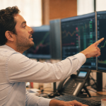 Profissional de mercado financeiro aponta para gráfico de ações em alta em monitor de trading Ibovespa bolsa valores