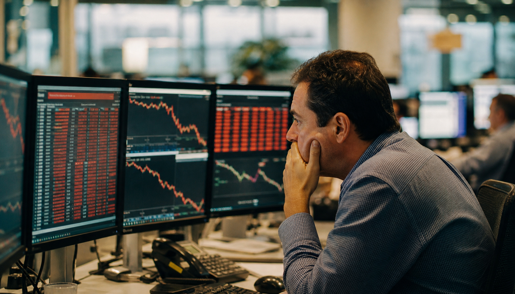 Trader concentrado observando múltiplas telas com gráficos financeiros em vermelho indicando queda no mercado de ações