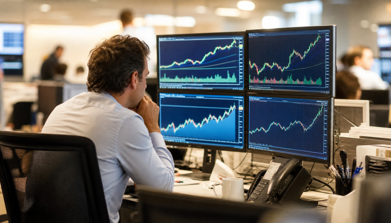 Trader observando múltiplos monitores com gráficos de ações e análise técnica em alta, mercado financeiro Ibovespa
