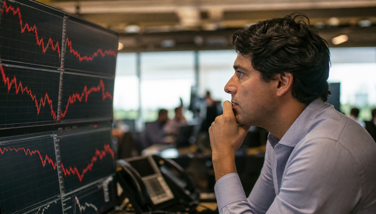 Profissional de mercado financeiro observa gráficos com tendência de queda em vermelho no monitor, volatilidade bolsa