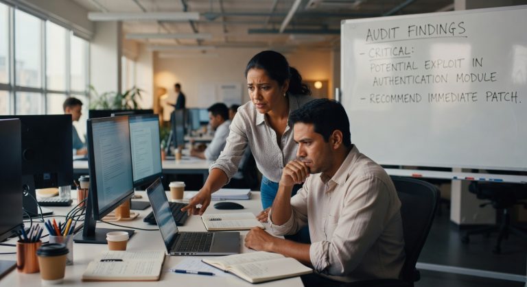 Dois profissionais analisam relatório de auditoria em escritório moderno com quadro mostrando descobertas críticas segurança