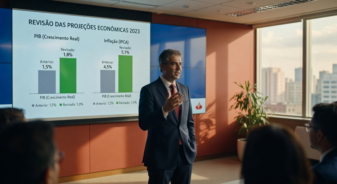 Executivo apresenta gráfico com revisão das projeções de PIB e inflação brasileira para 2023, mostrando crescimento econômico