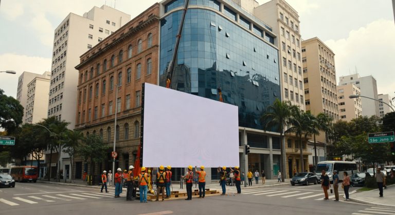 Trabalhadores instalando grande tela branca em cruzamento urbano cercado por edifícios comerciais investimento privado