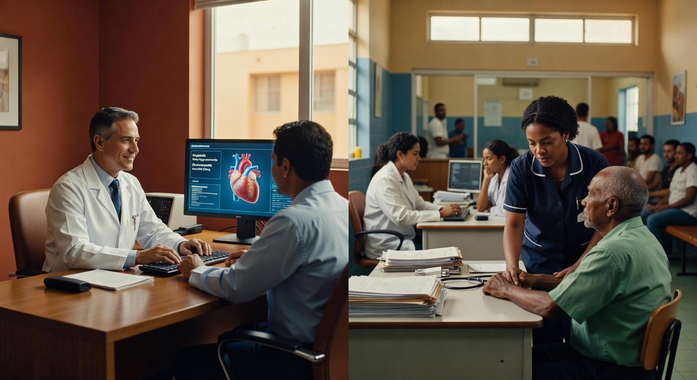 Médicos atendendo pacientes com monitor exibindo diagnóstico cardíaco digital e enfermeira auxiliando idoso em hospital tecnologia saúde