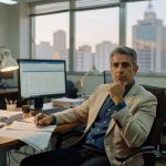Executivo de terno cinza sentado em escritório moderno analisando documentos e planilhas em computador, mercado financeiro