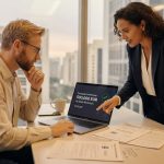 Dois executivos em escritório corporativo analisando laptop com tela mostrando transação de 500.000 EUR blockchain solana