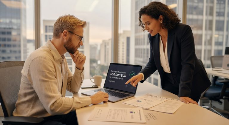 Dois executivos em escritório corporativo analisando laptop com tela mostrando transação de 500.000 EUR blockchain solana