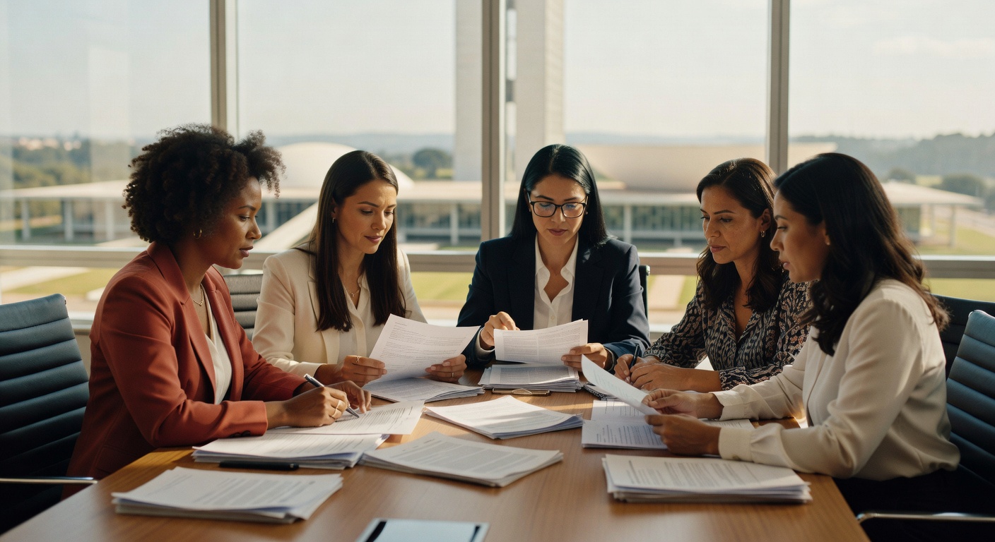 Cinco mulheres executivas em reunião de negócios analisando documentos corporativos, igualdade salarial gênero