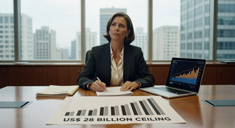 Executiva em escritório corporativo analisando documentos financeiros com gráfico mostrando teto de US$ 28 bilhões, laptop com dados