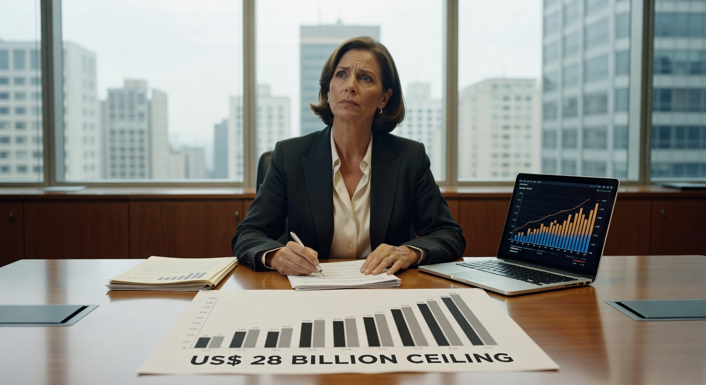 Executiva em escritório corporativo analisando documentos financeiros com gráfico mostrando teto de US$ 28 bilhões, laptop com dados