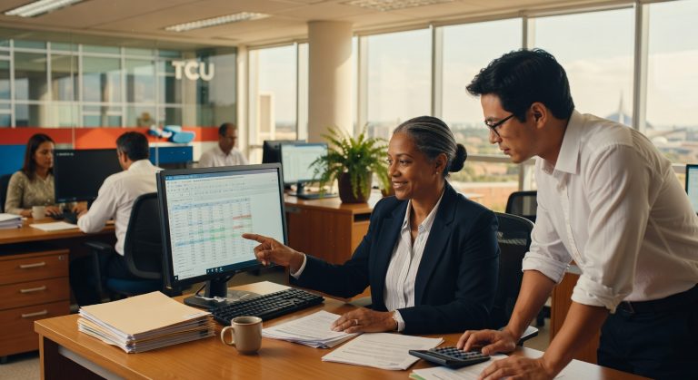Executivos em escritório analisando planilhas financeiras em computador, auditoria governamental, controle fiscal