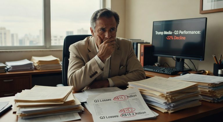 Executivo de terno bege em escritório analisando relatório financeiro com perdas de R$15,2 milhões no Q3, monitor mostra queda de 22%