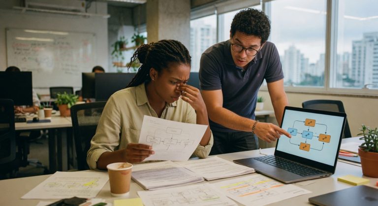 Dois profissionais em escritório moderno analisando documentos e gráficos no laptop, colaboração empresarial tecnologia
