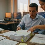 Dois profissionais em escritório analisando documentos financeiros com gráficos de mercado em monitores ao fundo