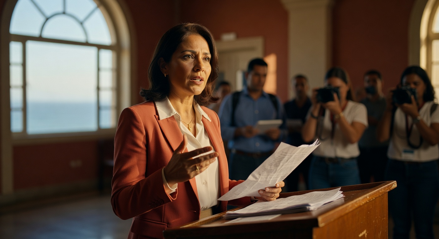 Mulher executiva de blazer laranja segurando documentos em púlpito durante apresentação oficial sobre reestruturação