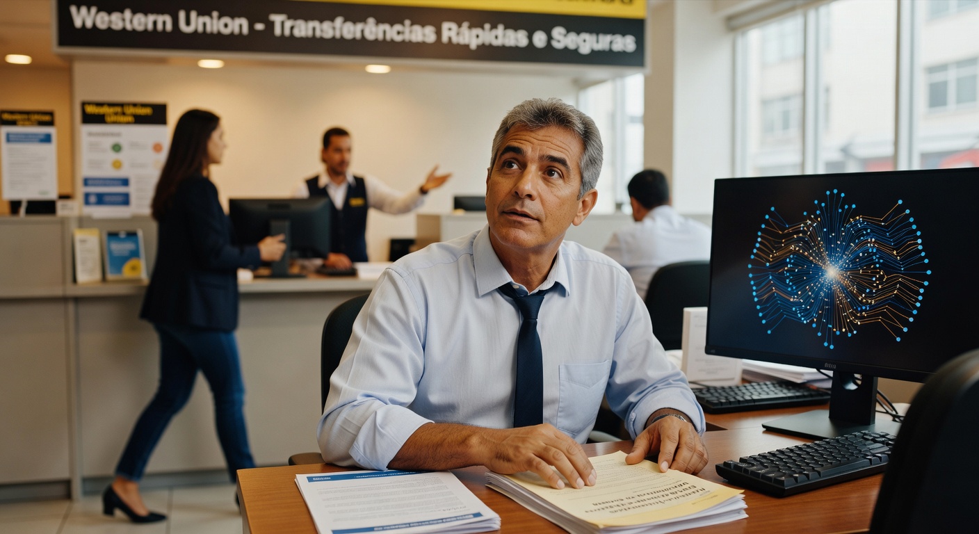 Executivo de meia-idade trabalhando em computador com gráficos de rede em agência Western Union, transferências financeiras