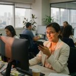 Profissionais trabalhando em escritório moderno com computadores e vista urbana, mercado financeiro tecnologia