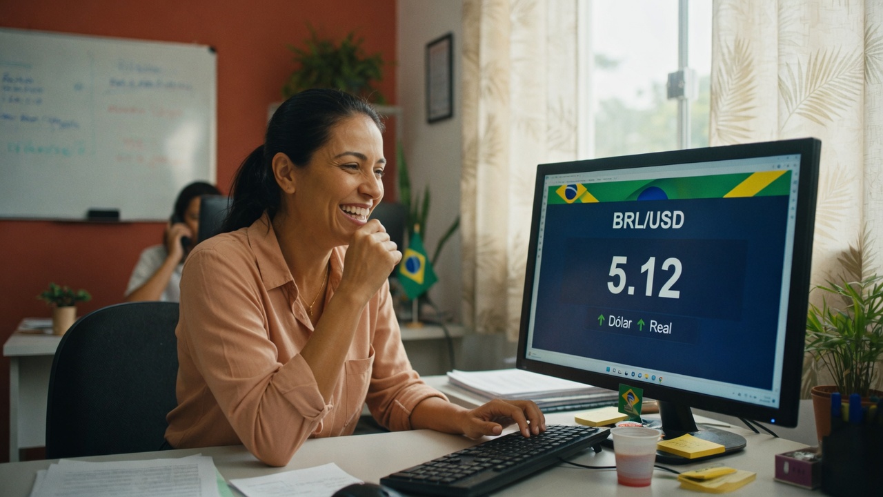 Dólar cai a R$ 5,123, menor nível em três semanas, com queda de 0,5%. Ibovespa sobe 1,22% e petróleo recua 2,2% com melhora do apetite global por risco.