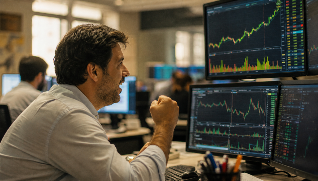 Ibovespa sobe 0,33% e dólar cai 0,86% às 14h desta terça-feira (14/07). Entenda o movimento duplo e o que acompanhar até o fechamento do pregão.