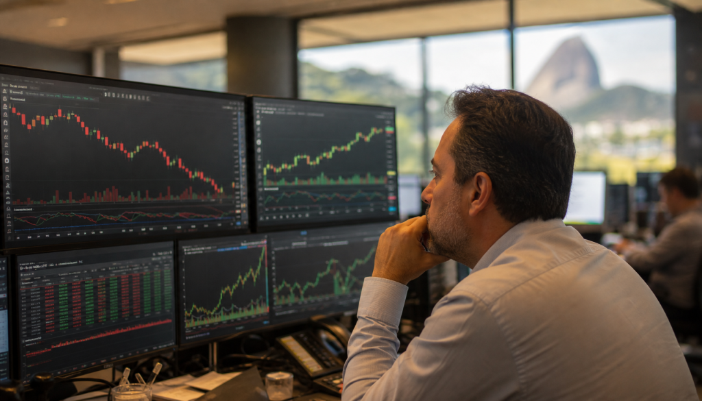Ibovespa recua 0,73% aos 174.727 pontos enquanto dólar sobe 0,49% a R$ 5,0975 nesta quinta-feira. Entenda o movimento duplo do mercado brasileiro.