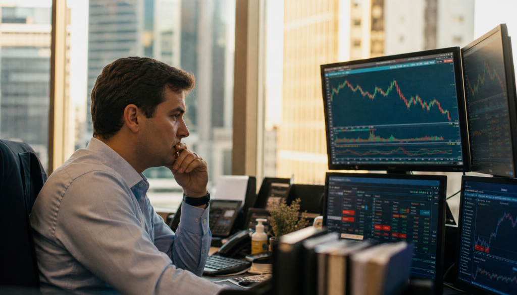 Ibovespa recua 0,42% aos 177.242 pontos enquanto dólar cai 0,10% a R$ 5,0723 nesta segunda-feira. Entenda o movimento duplo do mercado.