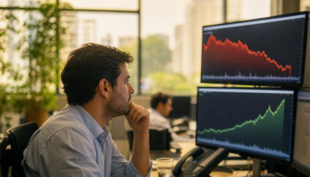 Ibovespa recua 0,43% enquanto dólar sobe 0,70% em movimento divergente. Entenda o que significa para seus investimentos nesta sexta-feira.