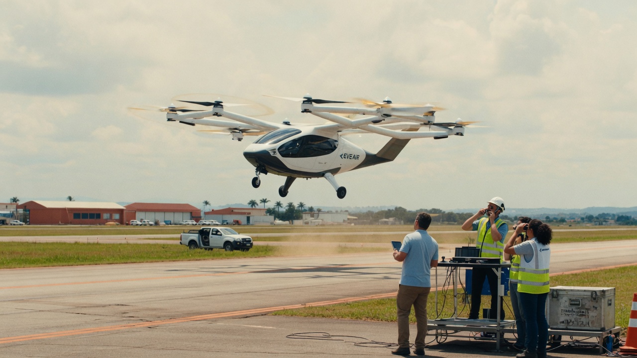 Protótipo do eVTOL da Eve Air Mobility, controlada pela Embraer, completa primeiro teste de transição entre voo vertical e horizontal em SP.