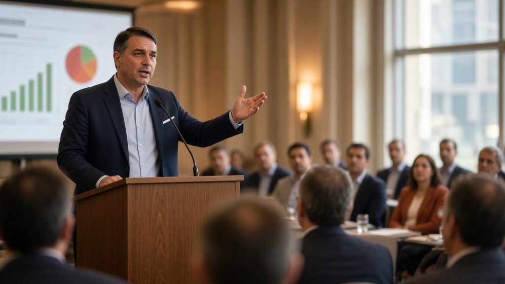 Flávio Bolsonaro promete cortar 1,5% do PIB em gastos e blindar economia de indicações políticas, mas empresários cobram detalhes e não declaram apoio explícito.